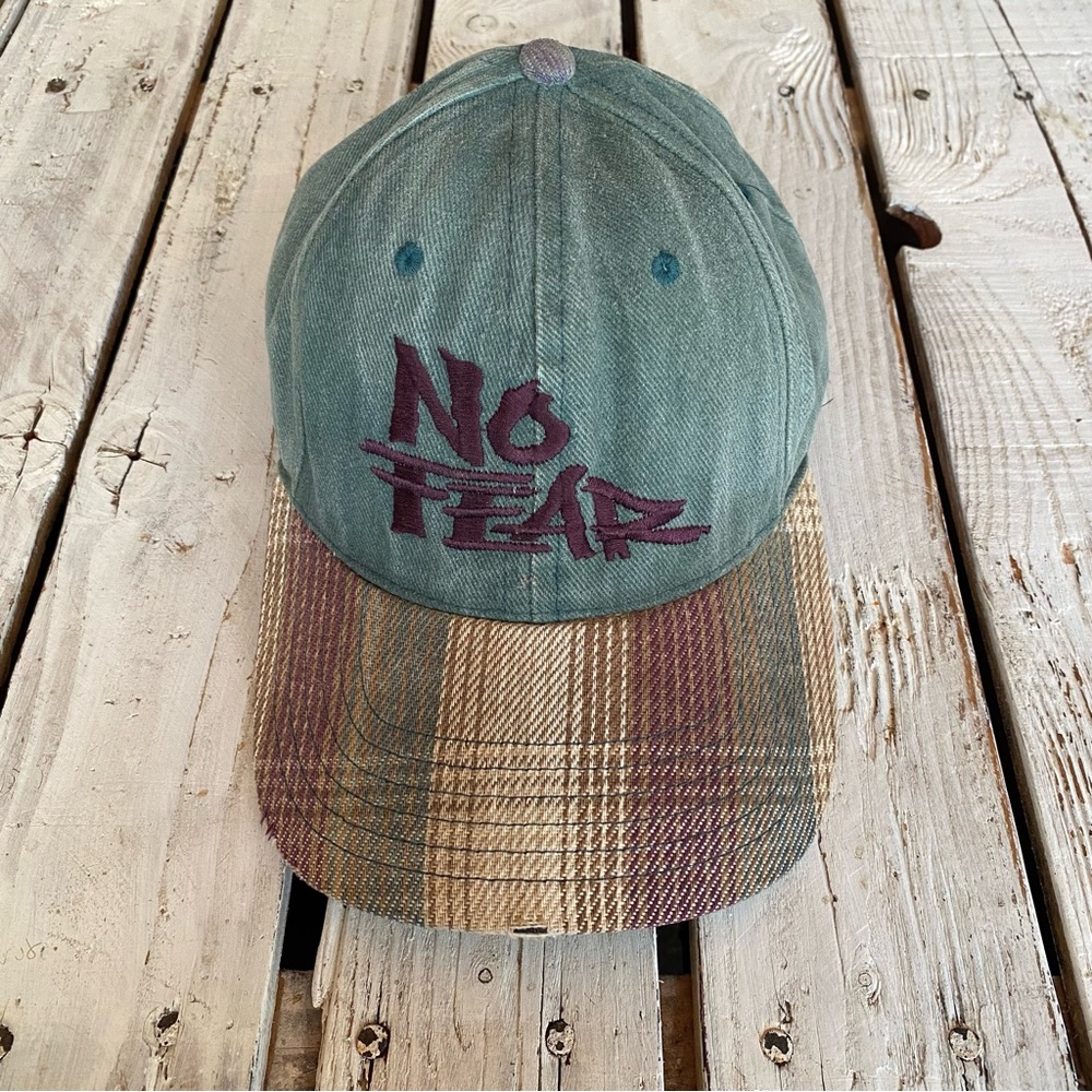 VTG Rare 90s No Fear Green Plaid Faded Cotton Snap Back USA